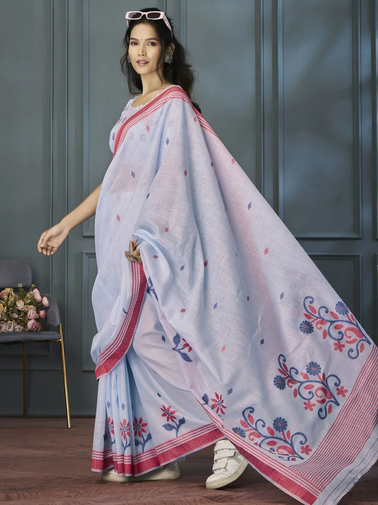 Beautiful Sky Blue Floral Printed Linen Office Wear Saree With Blouse