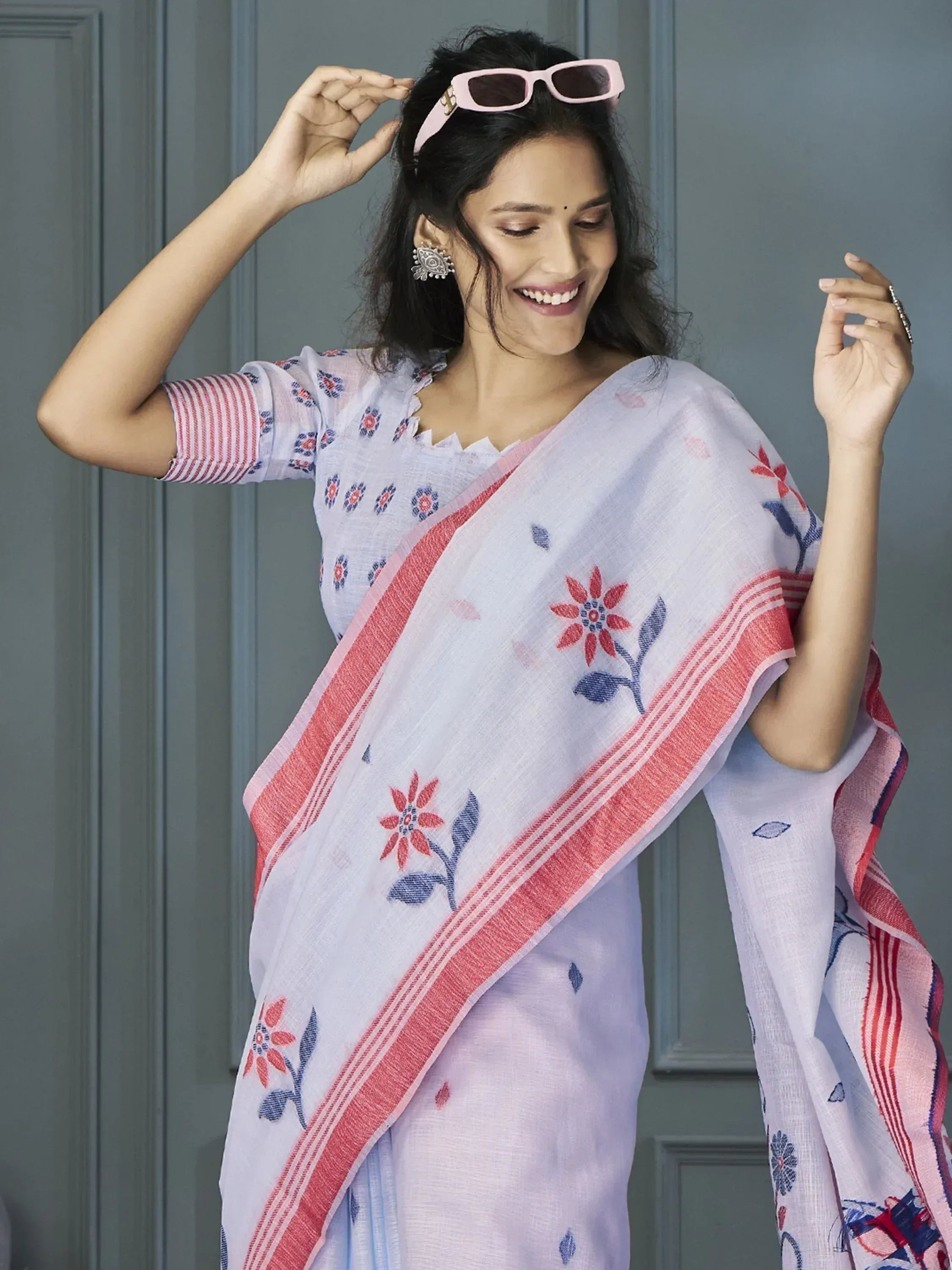 Beautiful Sky Blue Floral Printed Linen Office Wear Saree With Blouse