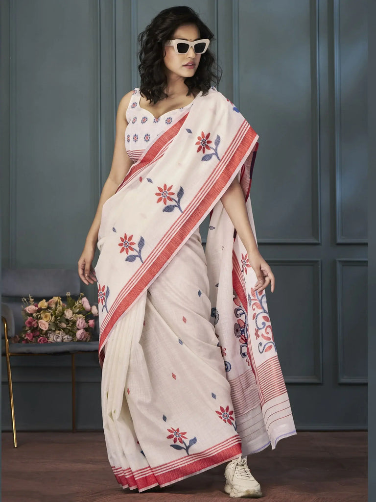 Attractive Light Peach Floral Printed Linen Festival Wear Saree With Blouse