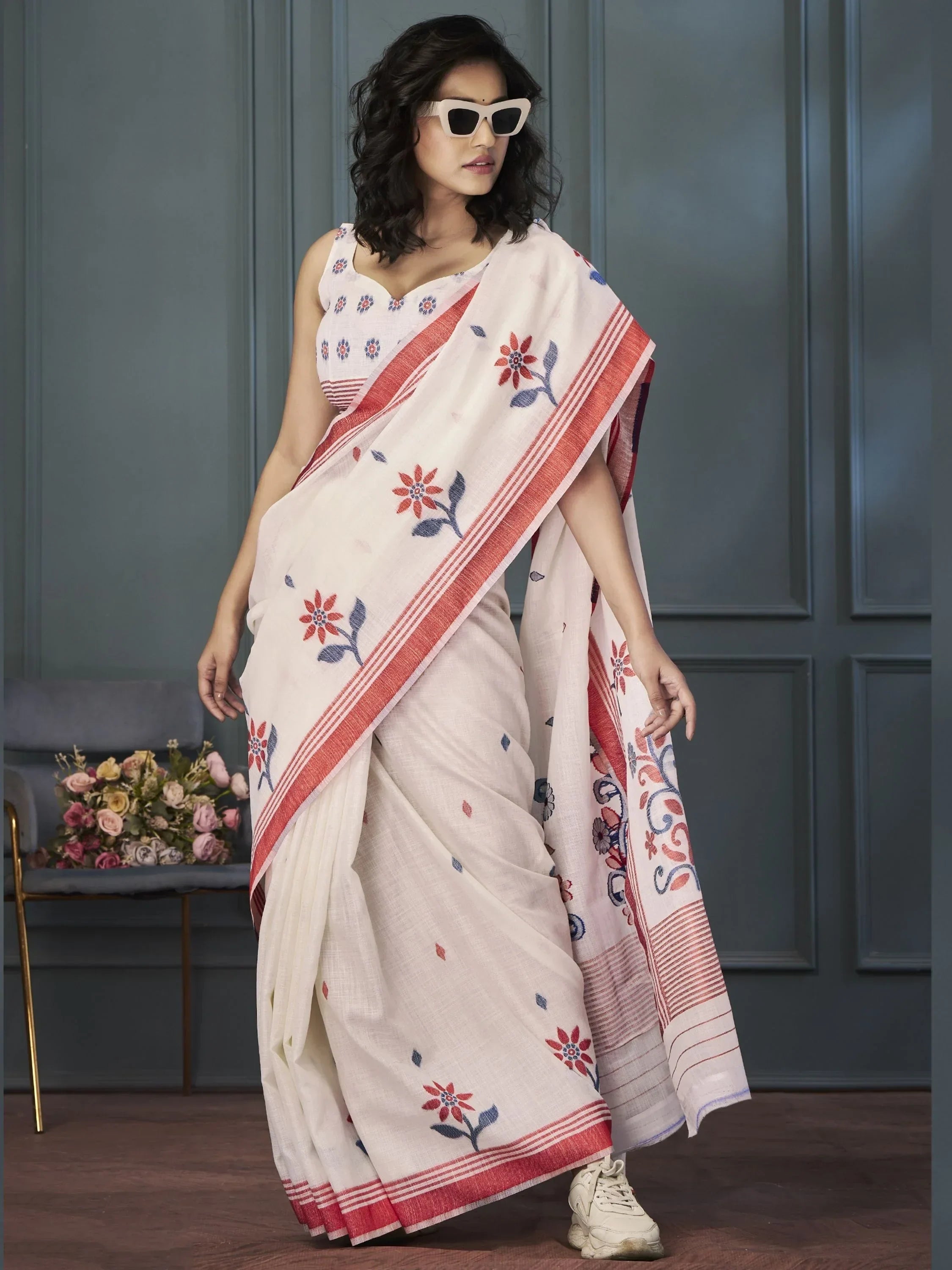 Attractive Light Peach Floral Printed Linen Festival Wear Saree With Blouse