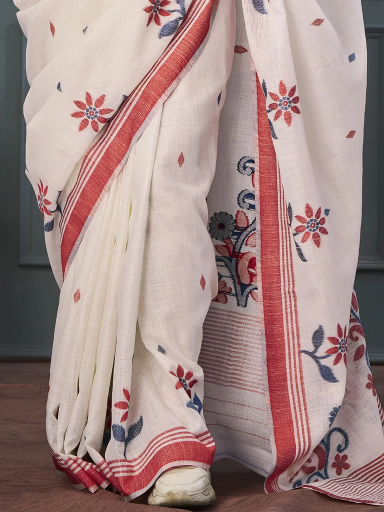 Attractive Light Peach Floral Printed Linen Festival Wear Saree With Blouse