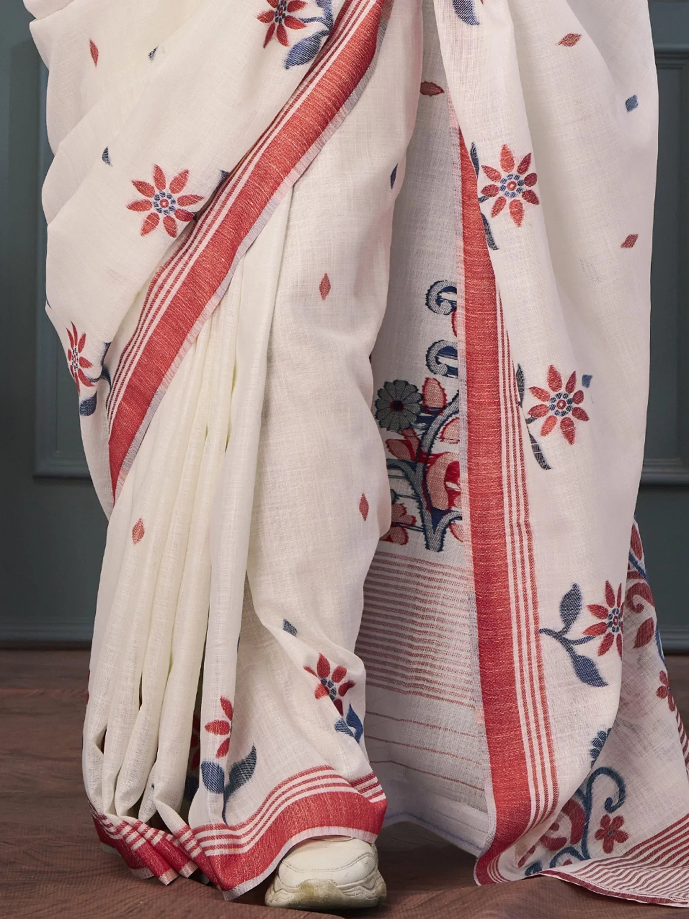 White saree with red and blue floral print, ethnic Indian wear, traditional designer saree