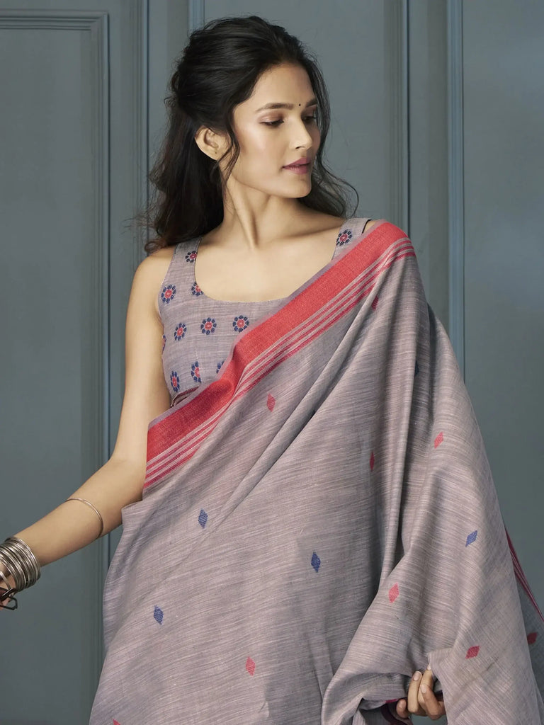Pretty Grey Floral Printed Linen Festival Wear Saree With Blouse