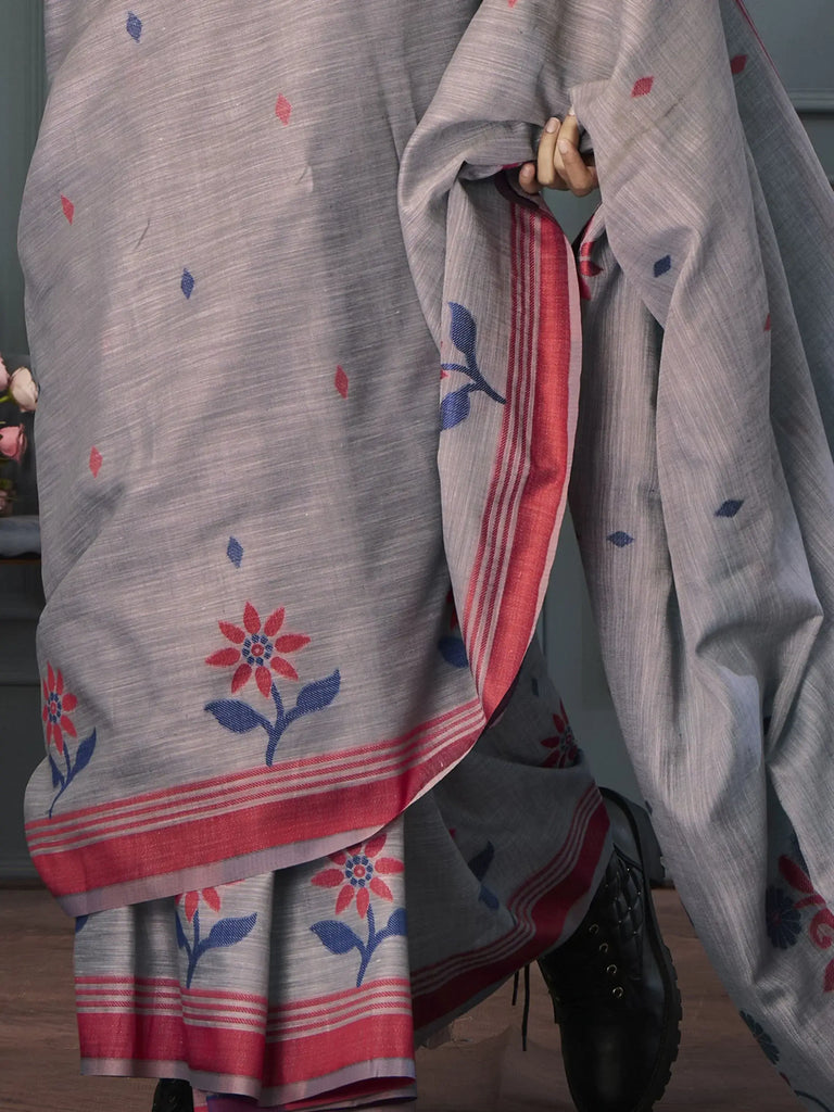 Pretty Grey Floral Printed Linen Festival Wear Saree With Blouse