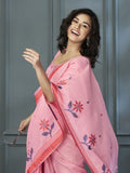 Attractive Pink Floral Printed Linen Function Wear Saree With Blouse