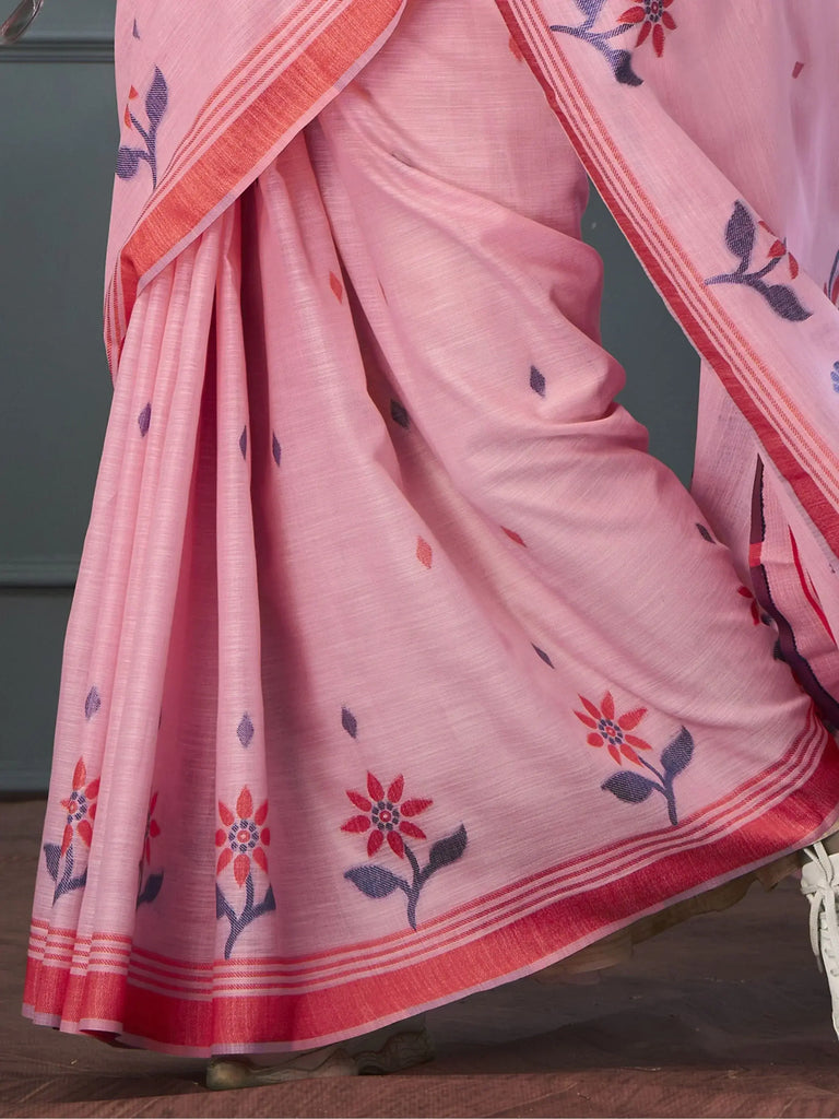 Attractive Pink Floral Printed Linen Function Wear Saree With Blouse