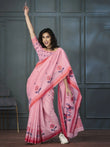 Attractive Pink Floral Printed Linen Function Wear Saree With Blouse