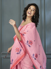 Attractive Pink Floral Printed Linen Function Wear Saree With Blouse