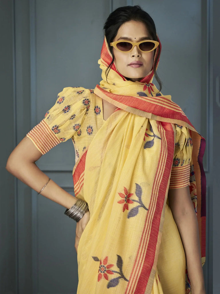 Awesome Yellow Floral Printed Linen Haldi Wear Saree With Blouse