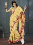 Awesome Yellow Floral Printed Linen Haldi Wear Saree With Blouse