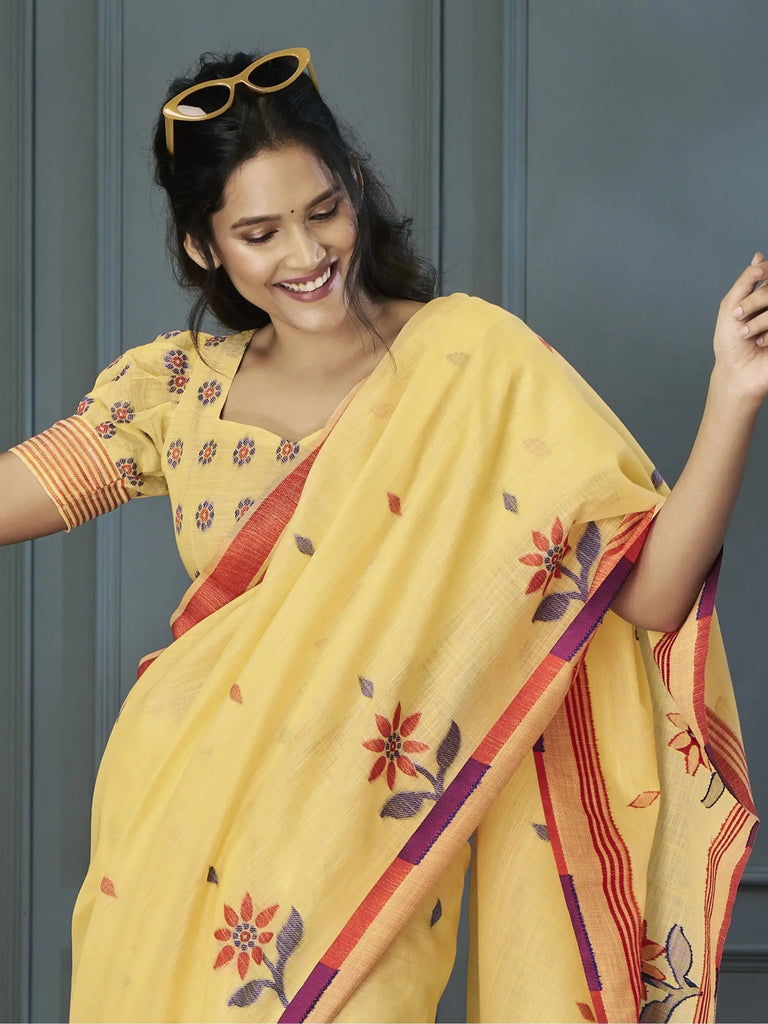 Awesome Yellow Floral Printed Linen Haldi Wear Saree With Blouse