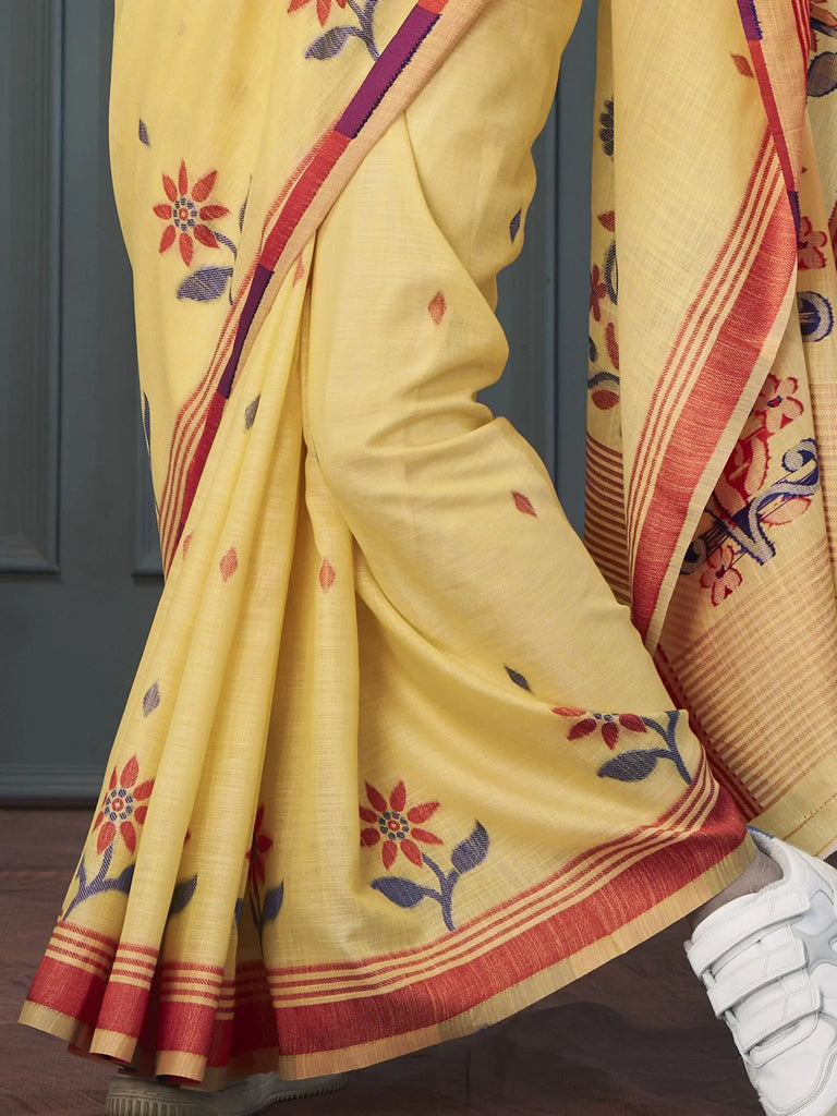 Awesome Yellow Floral Printed Linen Haldi Wear Saree With Blouse