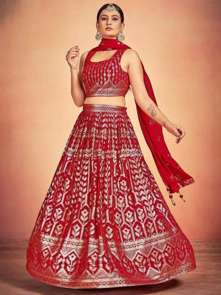 Lovely Red Sequins Georgette Sangeet Wear Lehenga Choli With Dupatta