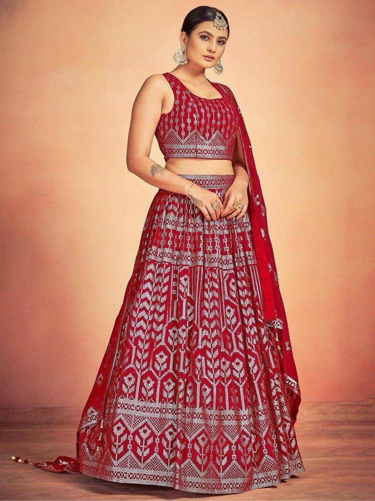 Lovely Red Sequins Georgette Sangeet Wear Lehenga Choli With Dupatta