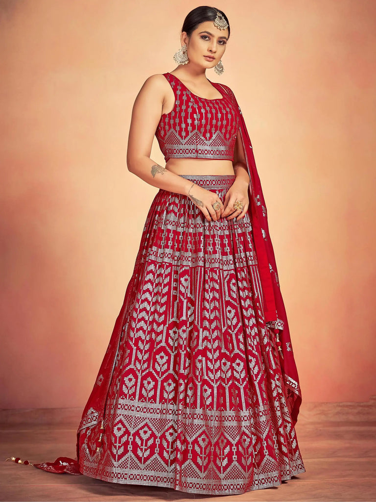 Lovely Red Sequins Georgette Sangeet Wear Lehenga Choli With Dupatta