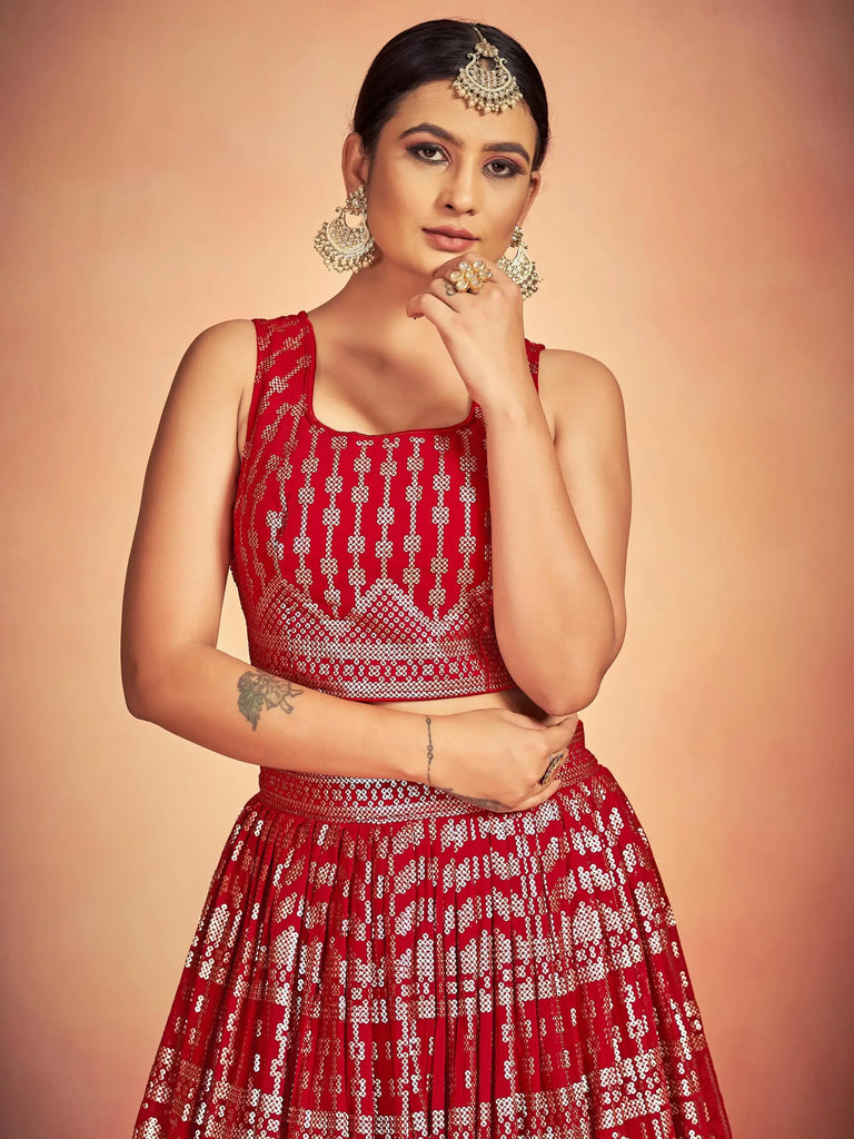 Lovely Red Sequins Georgette Sangeet Wear Lehenga Choli With Dupatta