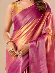 Glowing Pink Zari Weaving Silk Wedding Wear Saree With Blouse