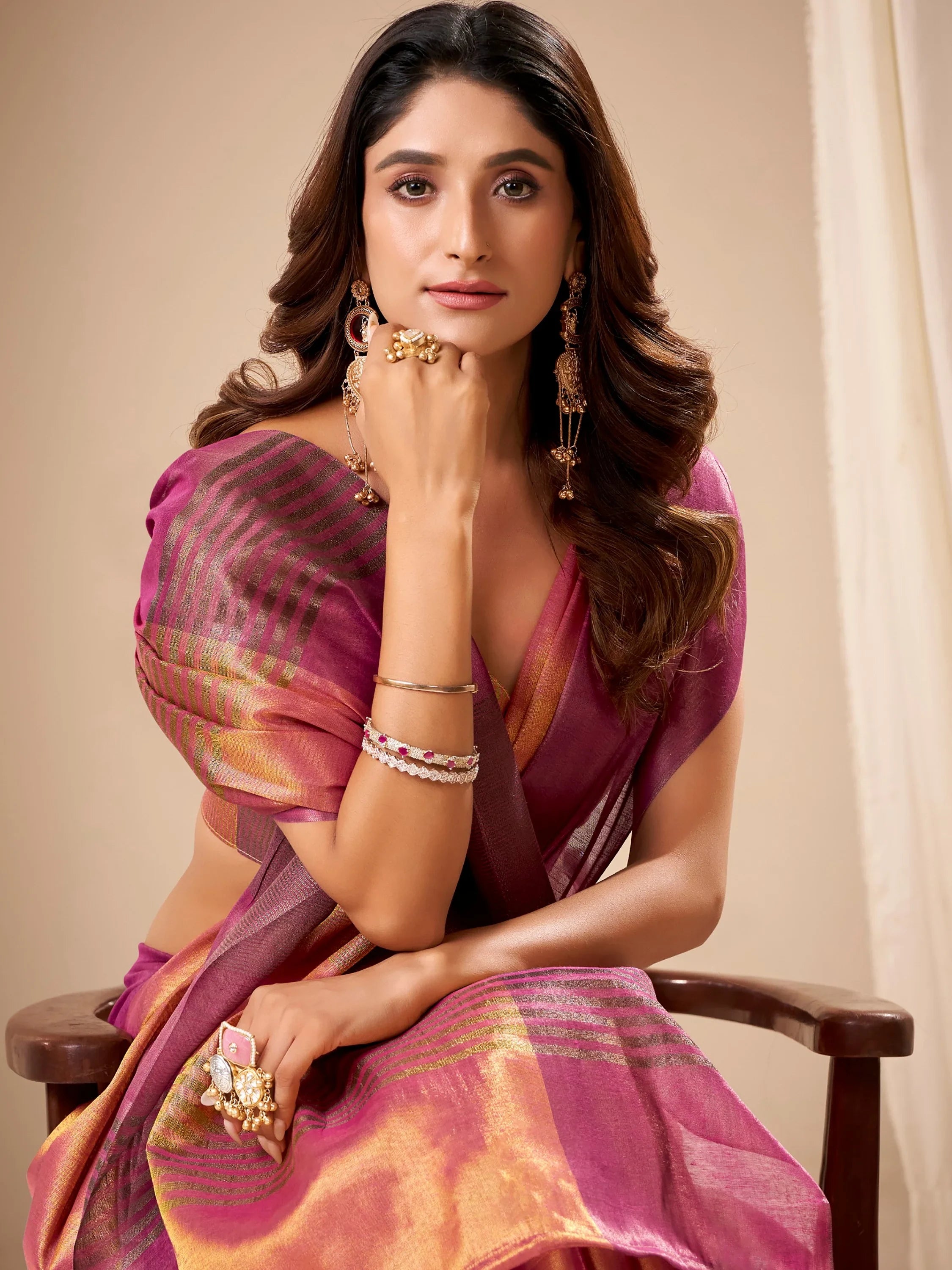 Glowing Pink Zari Weaving Silk Wedding Wear Saree With Blouse