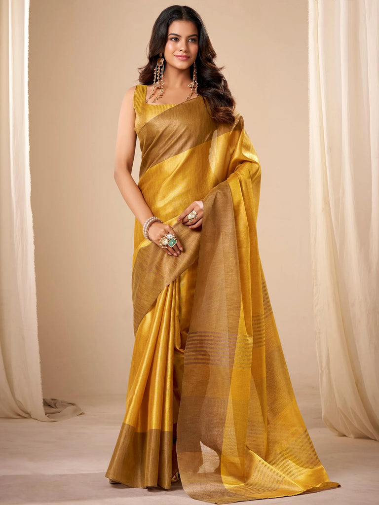 Wonderful Yellow Zari Weaving Silk Function Wear Saree With Blouse