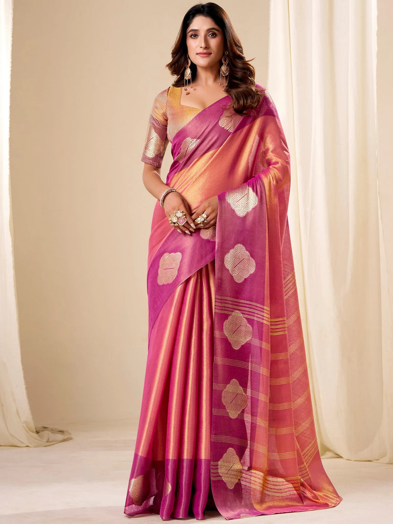 Outstanding Pink Zari Weaving Silk Festival Wear Saree With Blouse