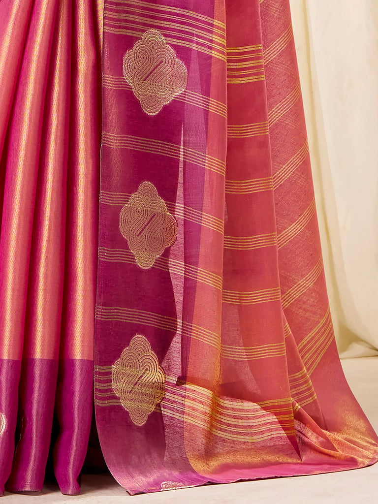 Outstanding Pink Zari Weaving Silk Festival Wear Saree With Blouse