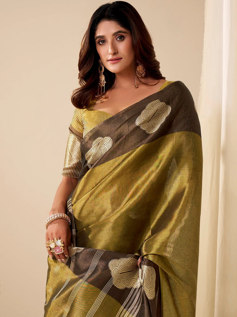 Lovely Olive Green Zari Weaving Silk Function Wear Saree With Blouse