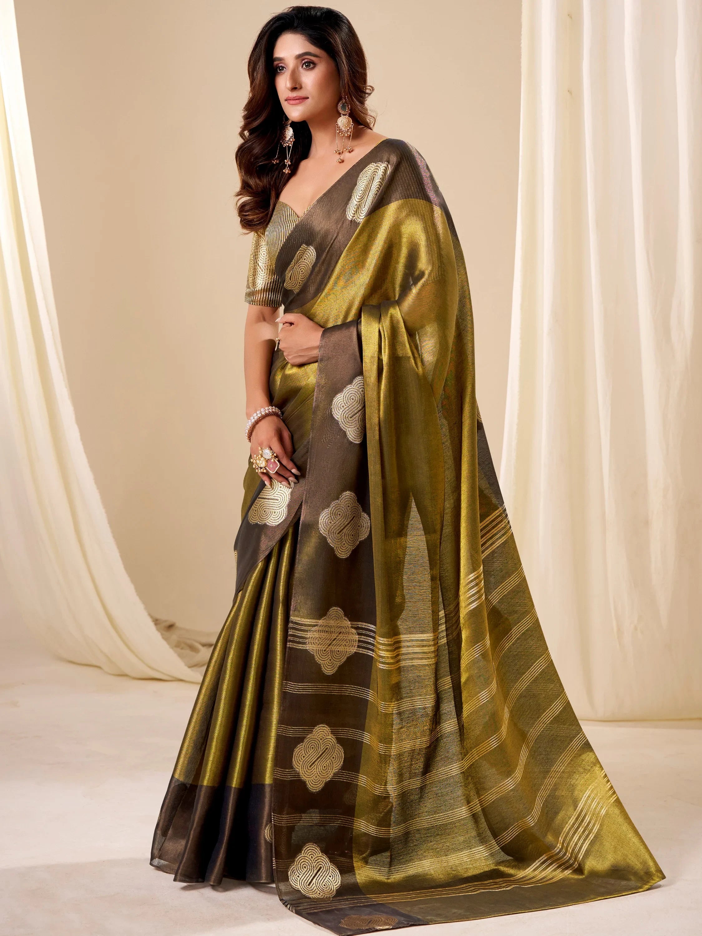 Lovely Olive Green Zari Weaving Silk Function Wear Saree With Blouse
