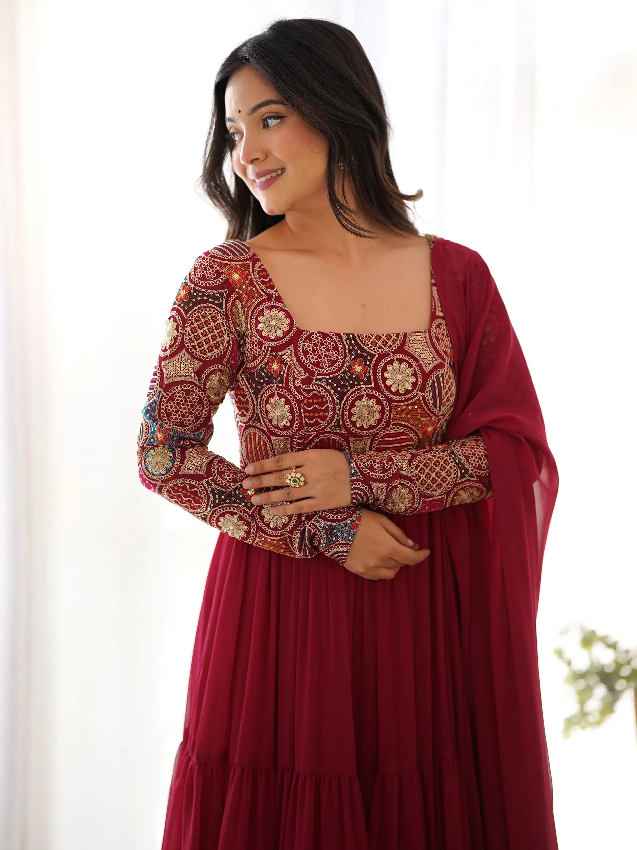 Fabulous Maroon Embroidered Georgette Festive Wear Gown With Dupatta