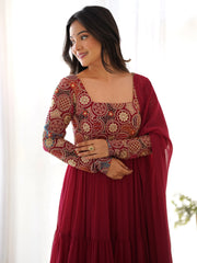Fabulous Maroon Embroidered Georgette Festive Wear Gown With Dupatta
