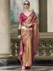 Sensual Peach Zari Weaving Tissue Festival Wear Saree With Blouse