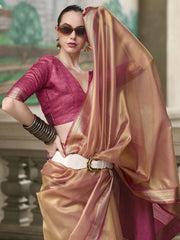 Sensual Peach Zari Weaving Tissue Festival Wear Saree With Blouse