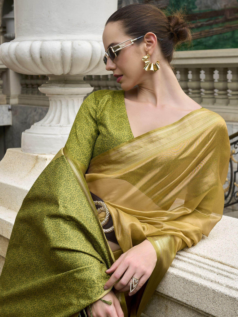 Desirable Golden Zari Weaving Tissue Event Wear Saree With Blouse
