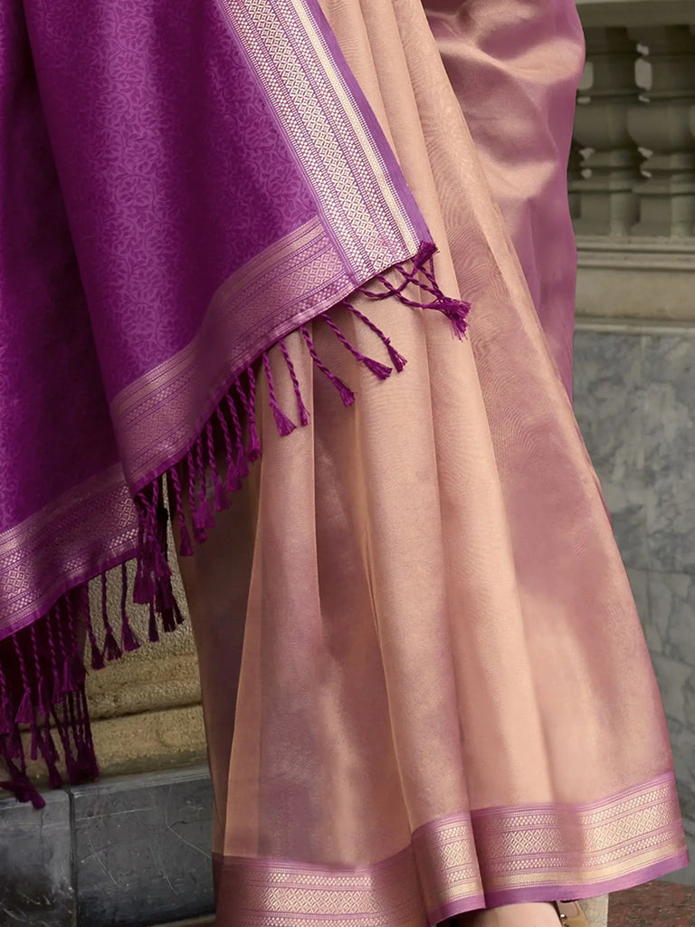 Alluring Pink Zari Weaving Tissue Event Wear Saree With Blouse