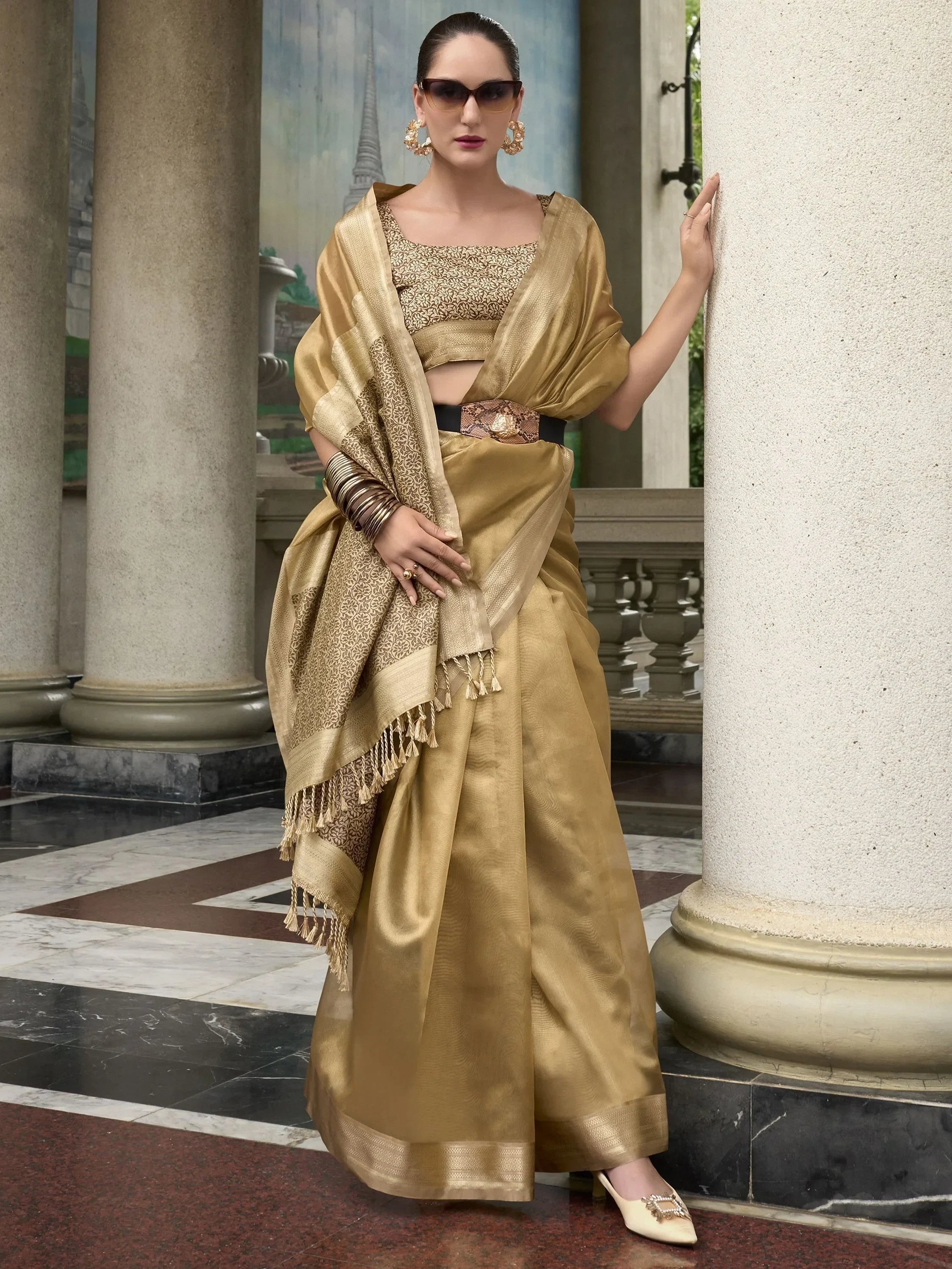 Precious Golden Color Zari Weaving Tissue Party Wear Saree With Blouse