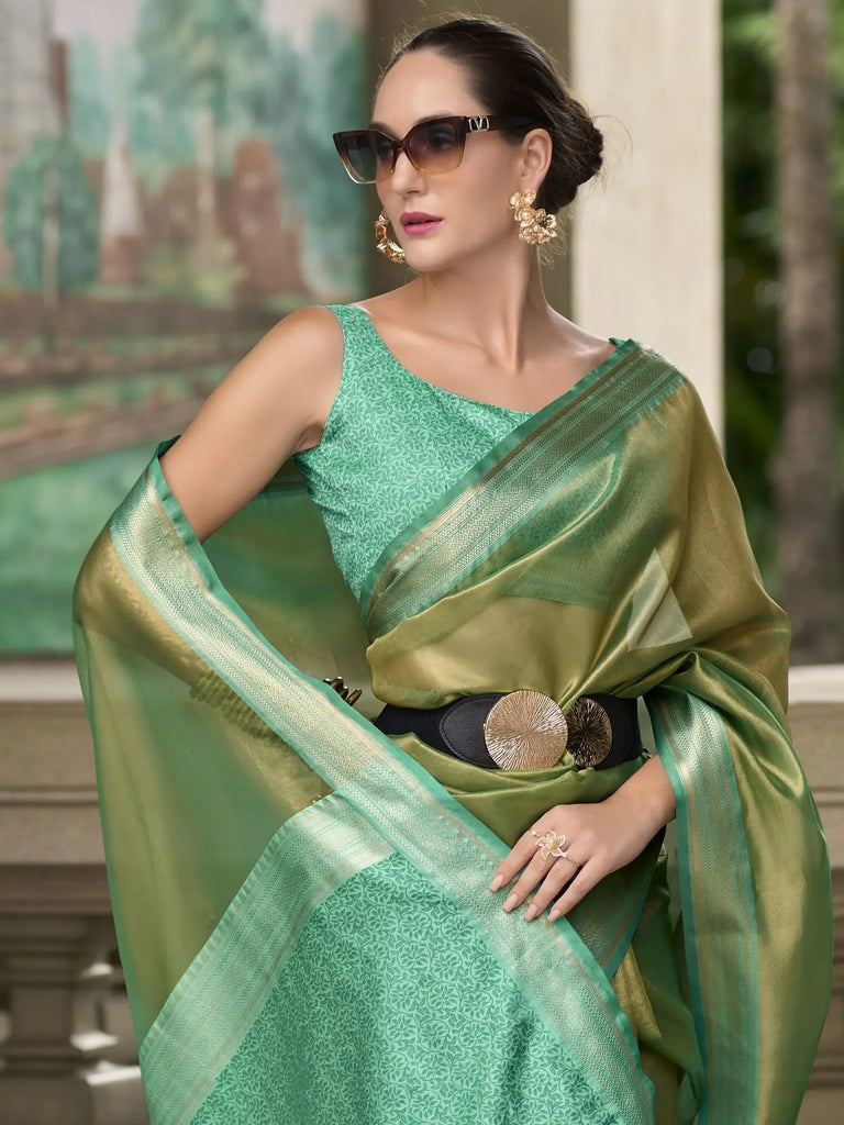 Beloved Green Zari Weaving Tissue Wedding Wear Saree With Blouse