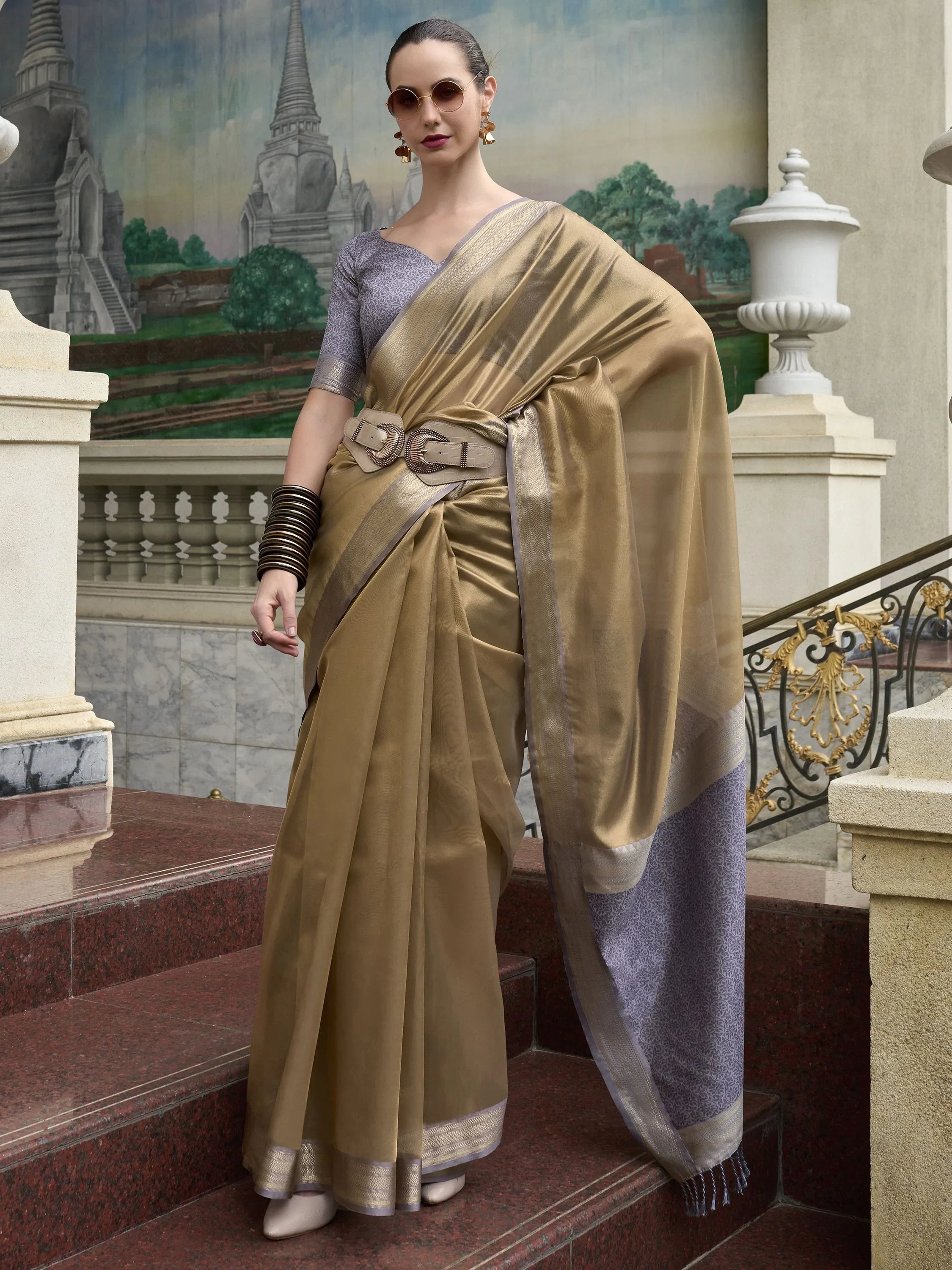 Cherished Brown Zari Weaving Tissue Wedding Wear Saree With Blouse