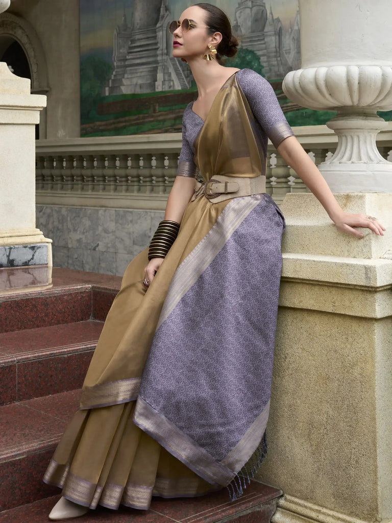 Cherished Brown Zari Weaving Tissue Wedding Wear Saree With Blouse