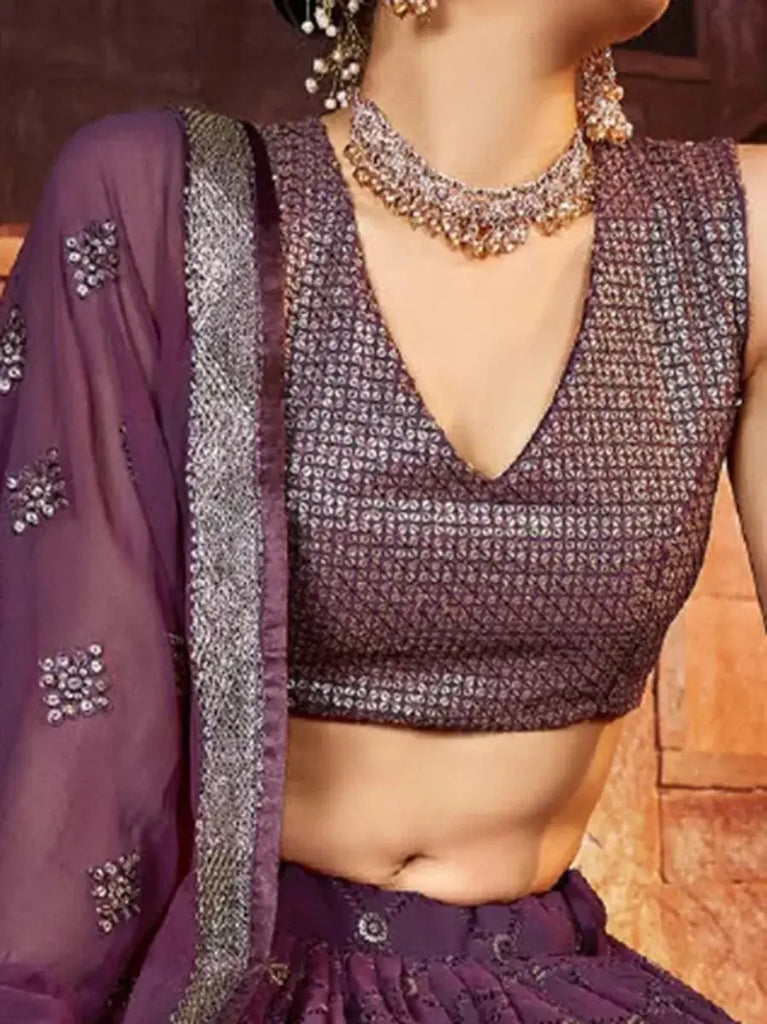 Phenomenal Wine Sequins Embroidered Georgette Lehenga Choli