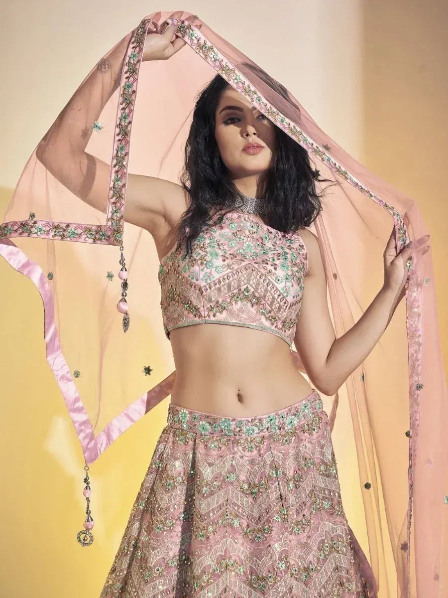 Pink embroidered lehenga choli with matching dupatta, perfect for Indian ethnic wear occasions