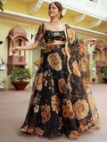 Beautiful Black Floral Printed Organza  Event Wear Lehenga Choli