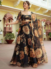 Beautiful Black Floral Printed Organza  Event Wear Lehenga Choli