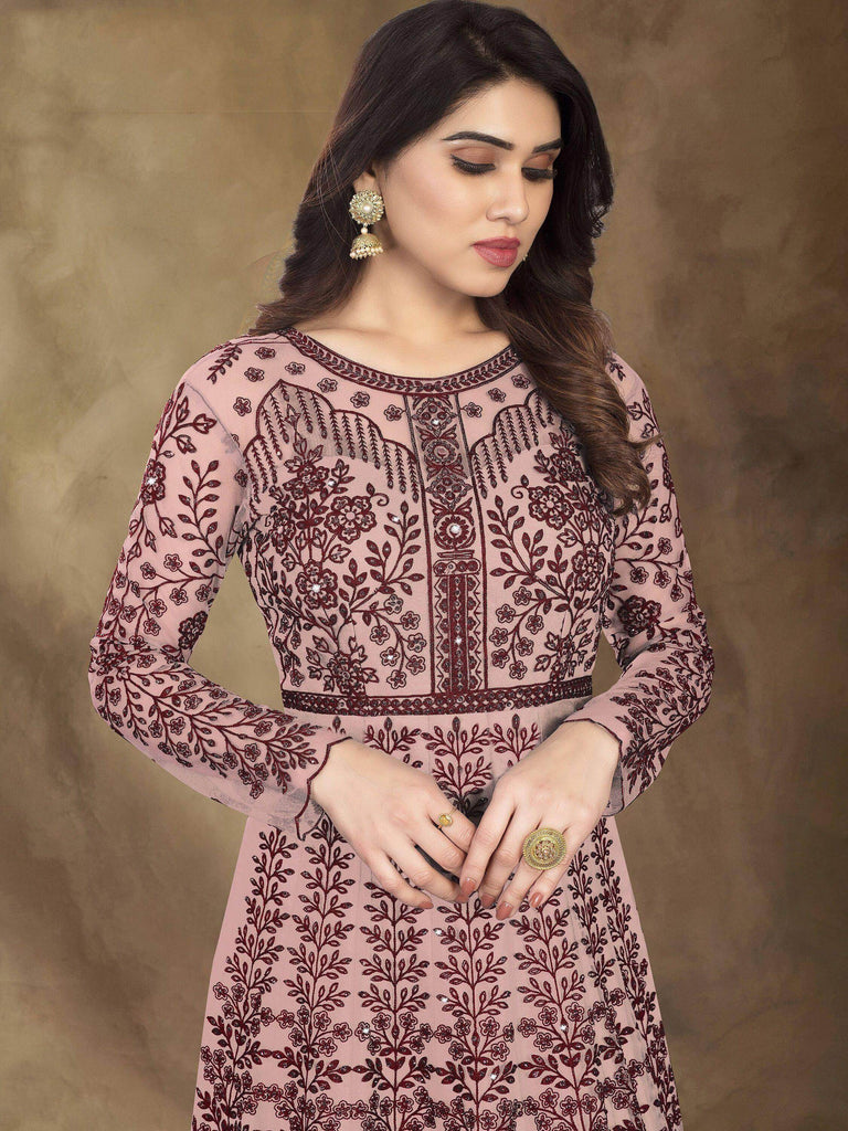 Beautiful Peach Thread Embroidered Soft Net Festival Wear Gown