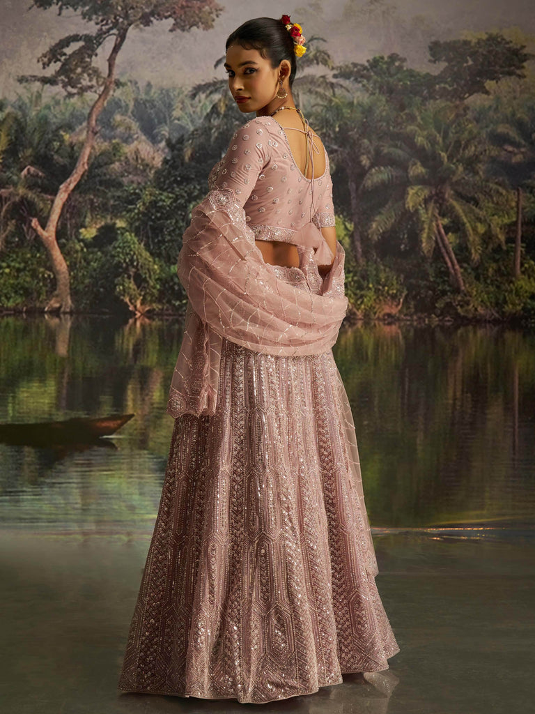 Desirable Mauve Net Embroidered Party Wear Lehenga Choli With Dupatta