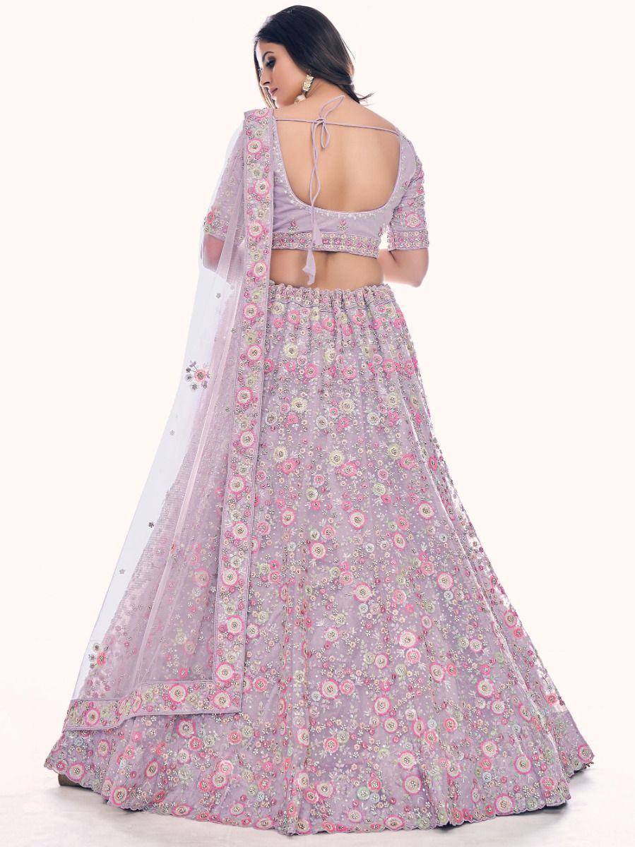 Lavender floral embroidered lehenga choli with back tie blouse and sheer dupatta, perfect for Indian ethnic occasions