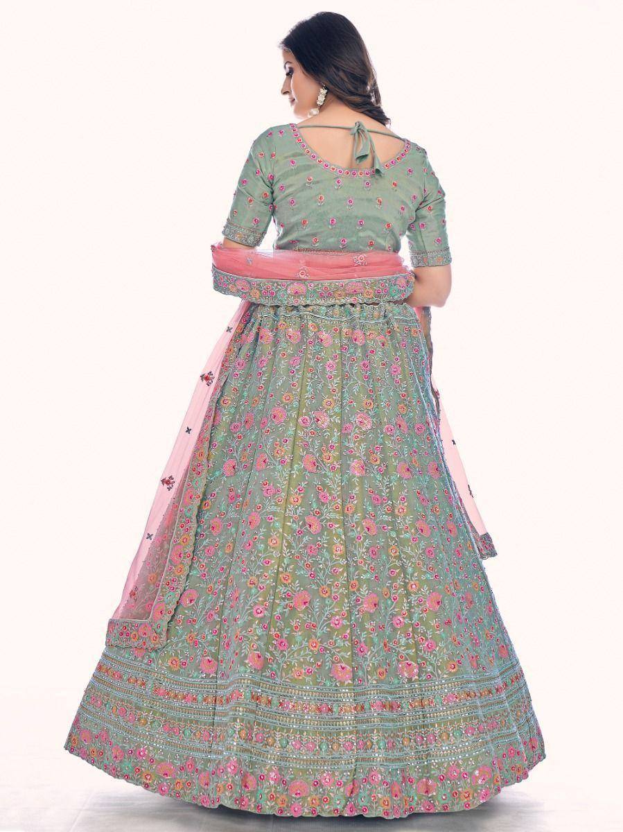 Green floral lehenga choli with pink dupatta, ethnic Indian wear for women