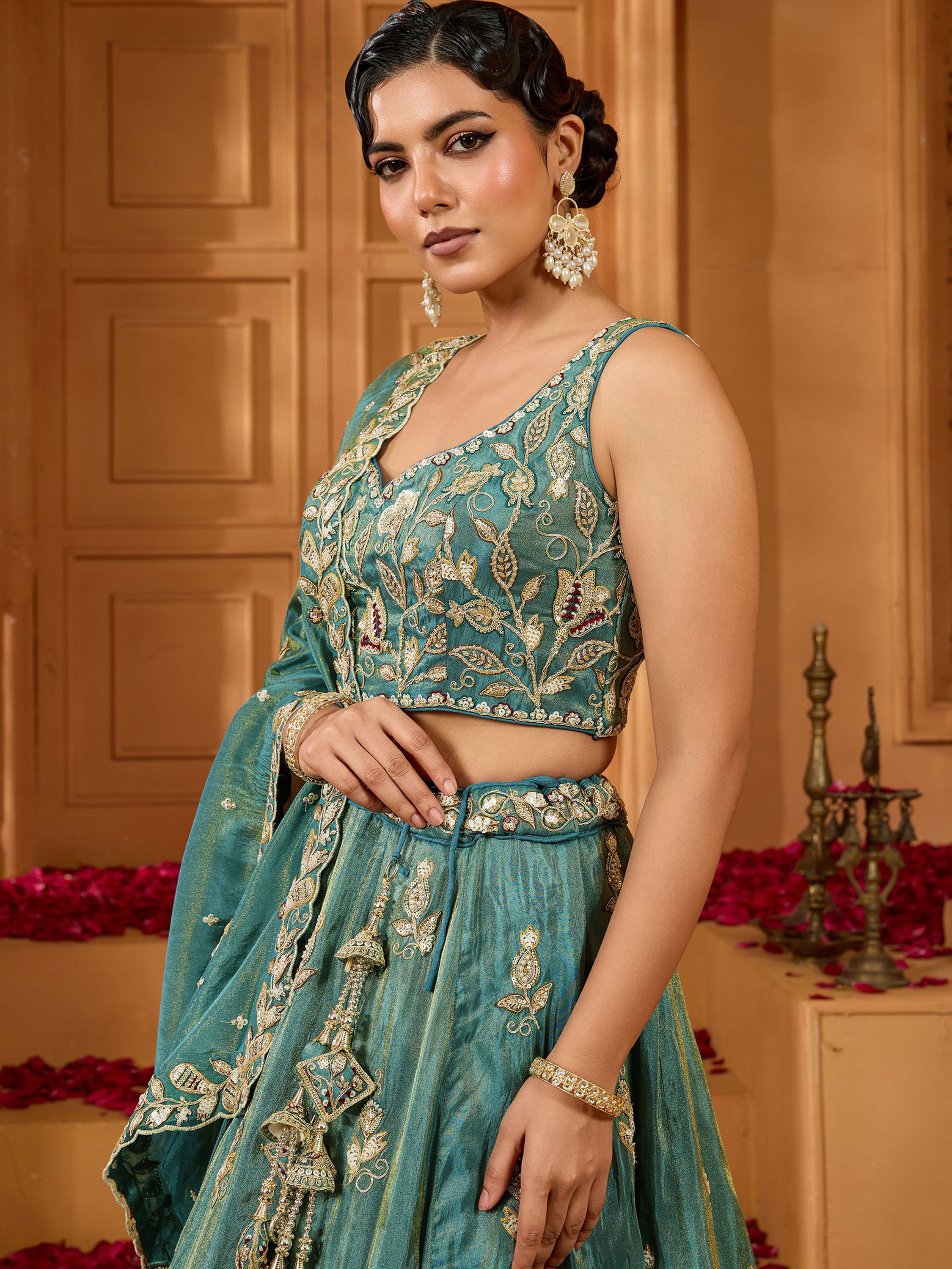 Graceful Teal Blue Floral Embroidery Tissue Traditional Lehenga Choli