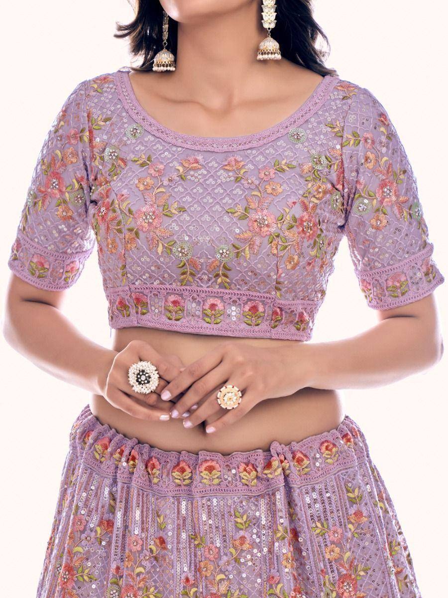 Lavender floral embroidered lehenga choli with sequins, perfect for Indian ethnic wear occasions