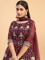 Fantastic Wine Multi-Thread Georgette Party Wear Anarkali Pant Suit
