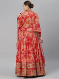 Red & Gold-Toned Embellished Sequinned Semi-Stitched Myntra Lehenga & Unstitched Blouse