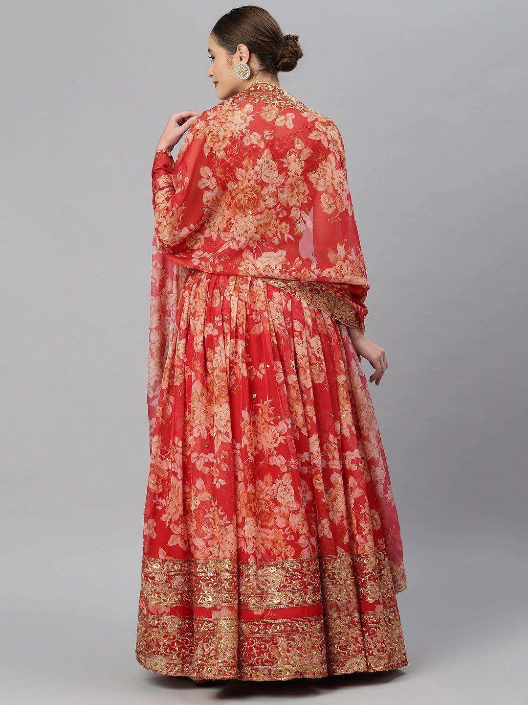 Red floral lehenga choli with gold embroidery, back view, ethnic Indian wear